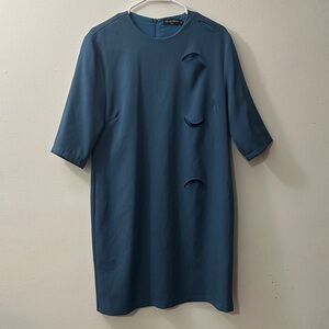MIACACARA Faux Cut Out Lined Teal Dress $42 SIZE 14 Modest Comfortable Chic